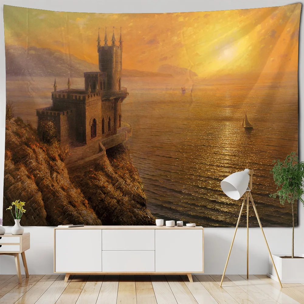 Dream Forest Castle tapestry landscape oil painting wall hanging cartoon art decoration living room bedroom wall decoration