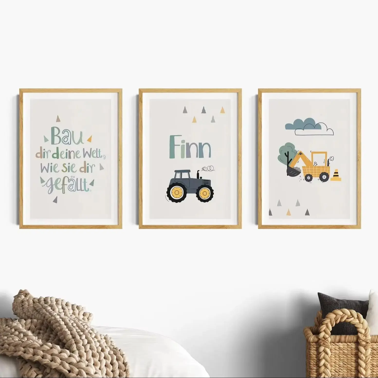 3pcs/set Cartoon Excavator Tractor Custom Name Canvas Printing Positive Quotation Nursery Wall Art Poster for Boy Home Decor