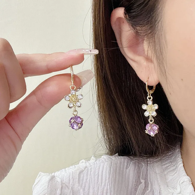 رائعة الأرجواني الزركون الكرة قلادة زهرة أقراط للنساء موضة شخصية الإكسسوار اليومي مجوهرات الحفلات هدايا عيد الميلاد