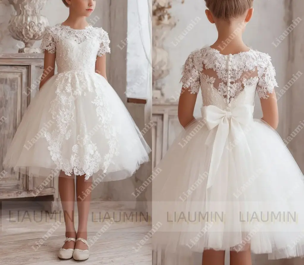 

Liaumin Flower Girl Dress Tulle With Bowknot Short Sleeve Knee Length Princess First Communion Gowns Skirt Customized W1.1.62