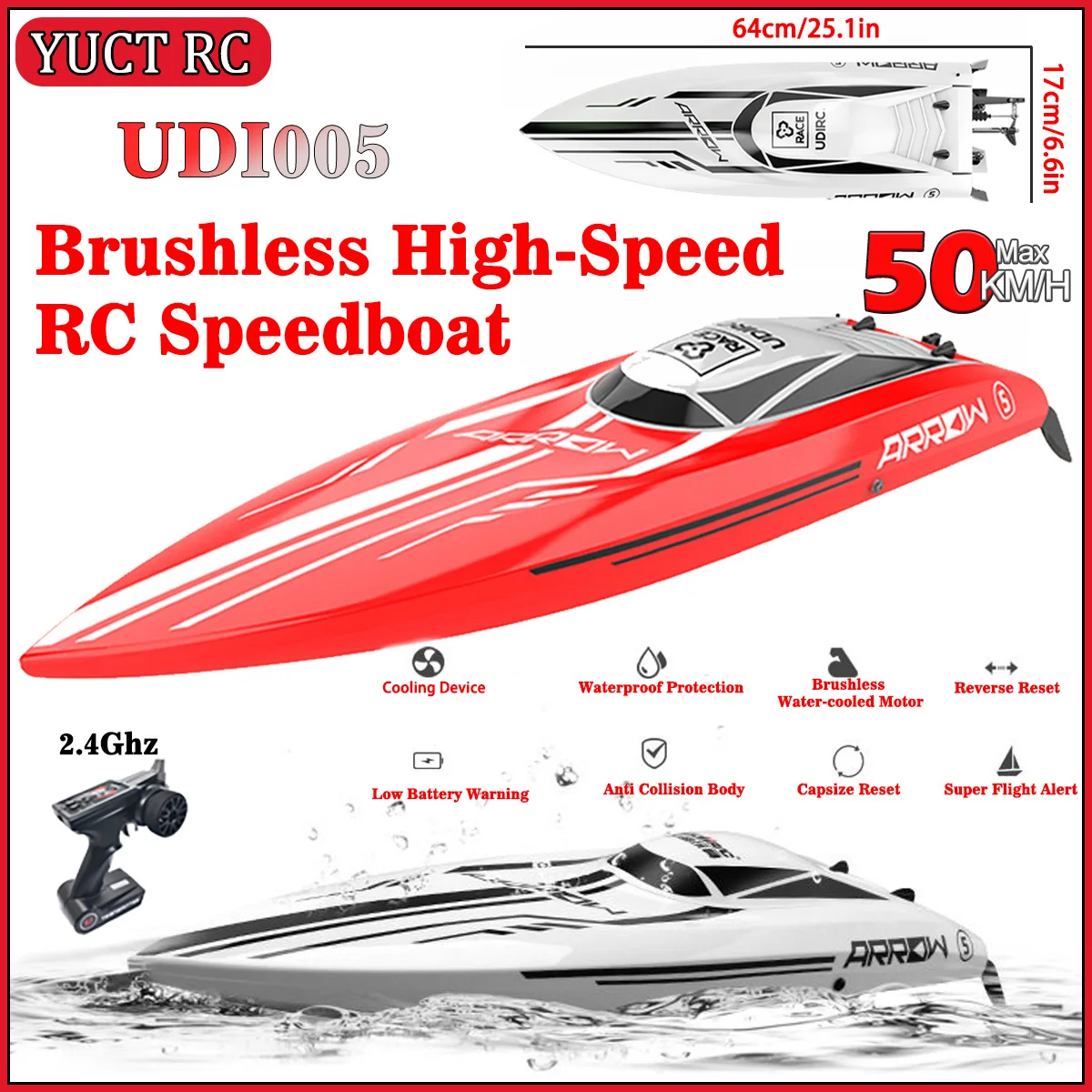 UDIRC UDI005 Brushless RC Speedboat 50KM/H High‑Speed Racing Boat 2.4G Full Waterproof PVC Hull Professional RC Boat Toys Gifts
