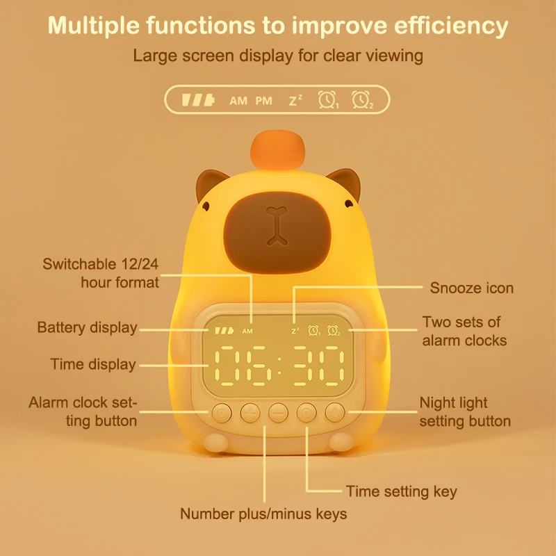 1Pcs Cute Rechargable Kids Alarm Clock Night Light Touch Snooze Always-on Display Desktop Table Clock 12/24H Alarm LED Clock