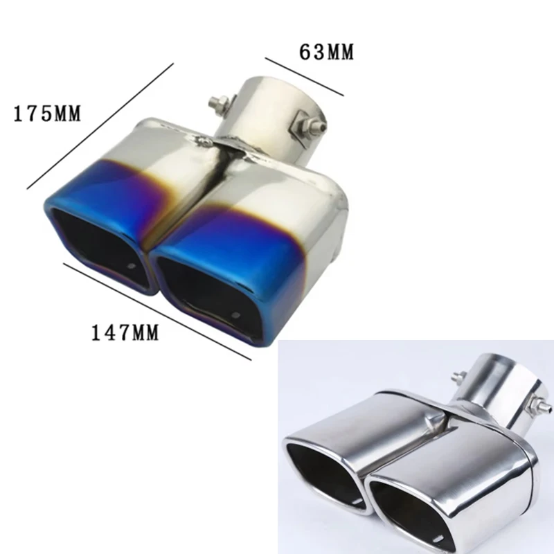 

63 мм/2,48 дюйма, универсальный автомобильный глушитель с двойным выходом, глушитель, трубка, хвостовая труба, конец из нержавеющей стали, квадратный конец
