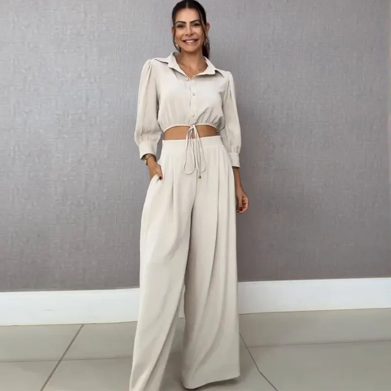 

Two Piece Pant Sets Casual Shirt Turn Down Collar Button Drawstring Spliced Solid High Waist Long Pants Pocket Wide Leg Trousers