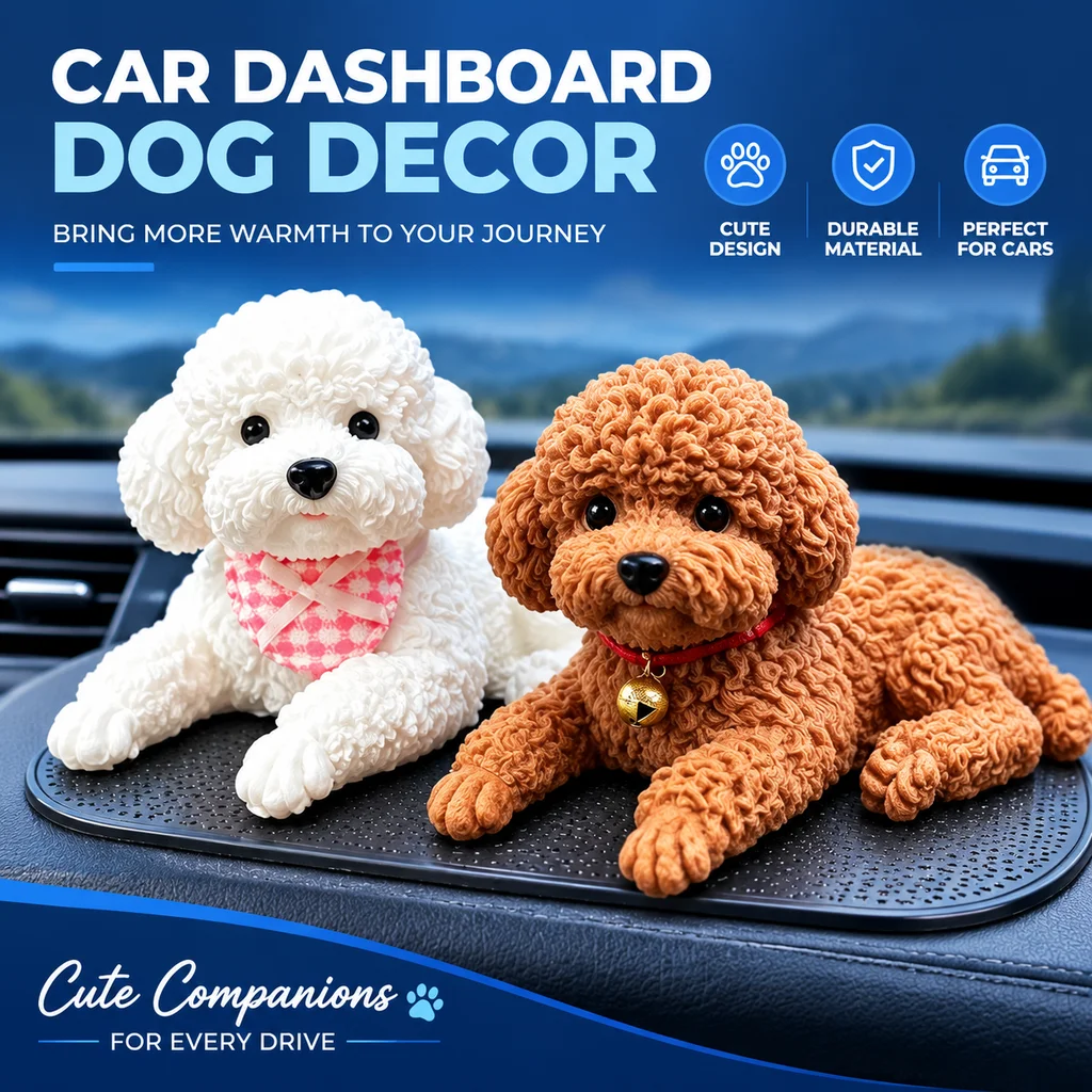 Car Dashboard Teddy Poodle Puppy Ornament Cute Dog Figurine Auto Interior Decoration Car Styling Decor Gift Car Accessories
