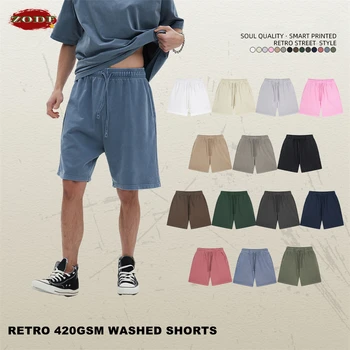 ZODF-Homens lavados de algodão calças curtas, streetwears retro unissex, High Street Terry, até o joelho, moda verão, 420gsm, HY0845
