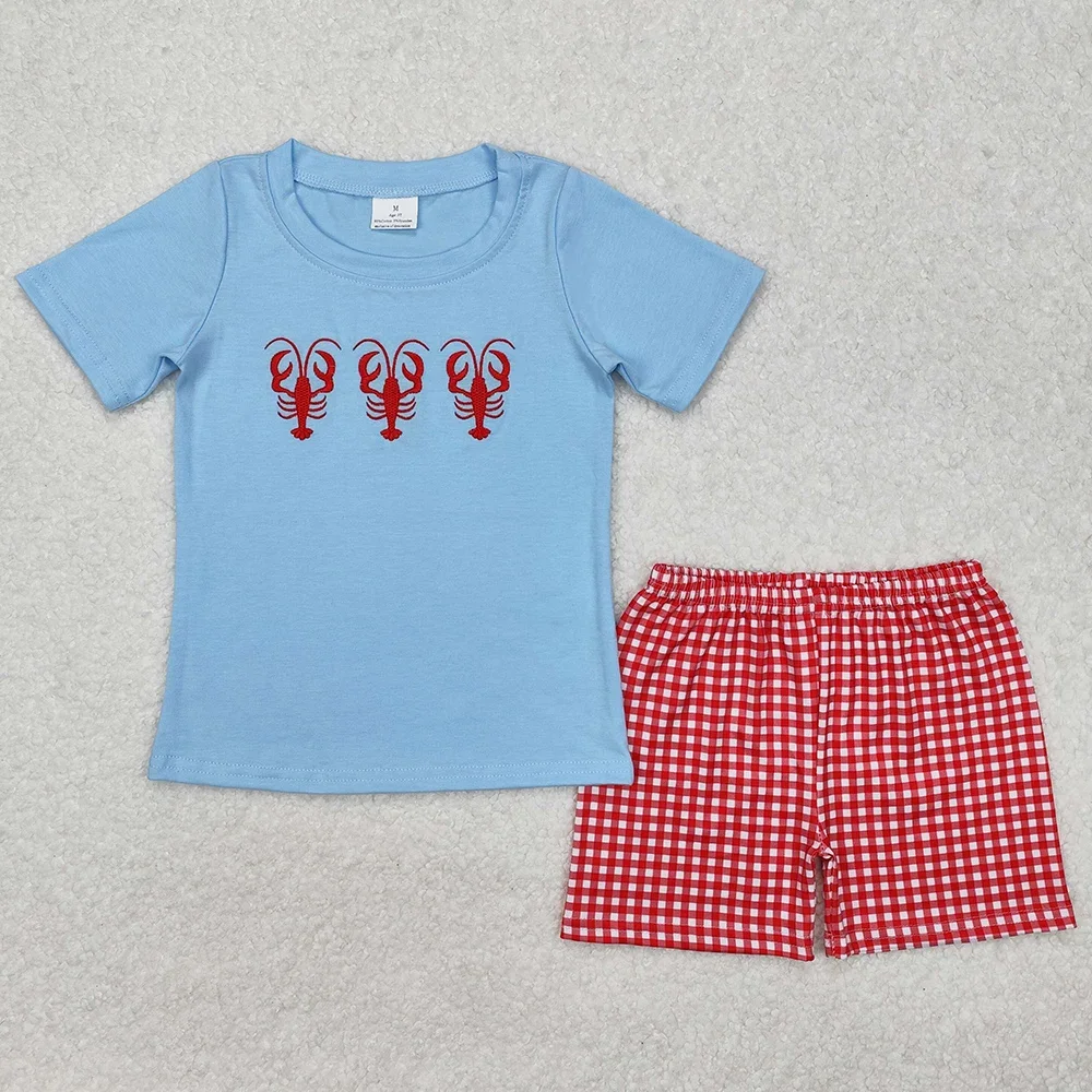 Hot Sale Kids Designer Clothes Boys Crawfish Short Sleeve Tops Checkered Shorts Sets Boutique Baby Boys Clothes Children Outfit