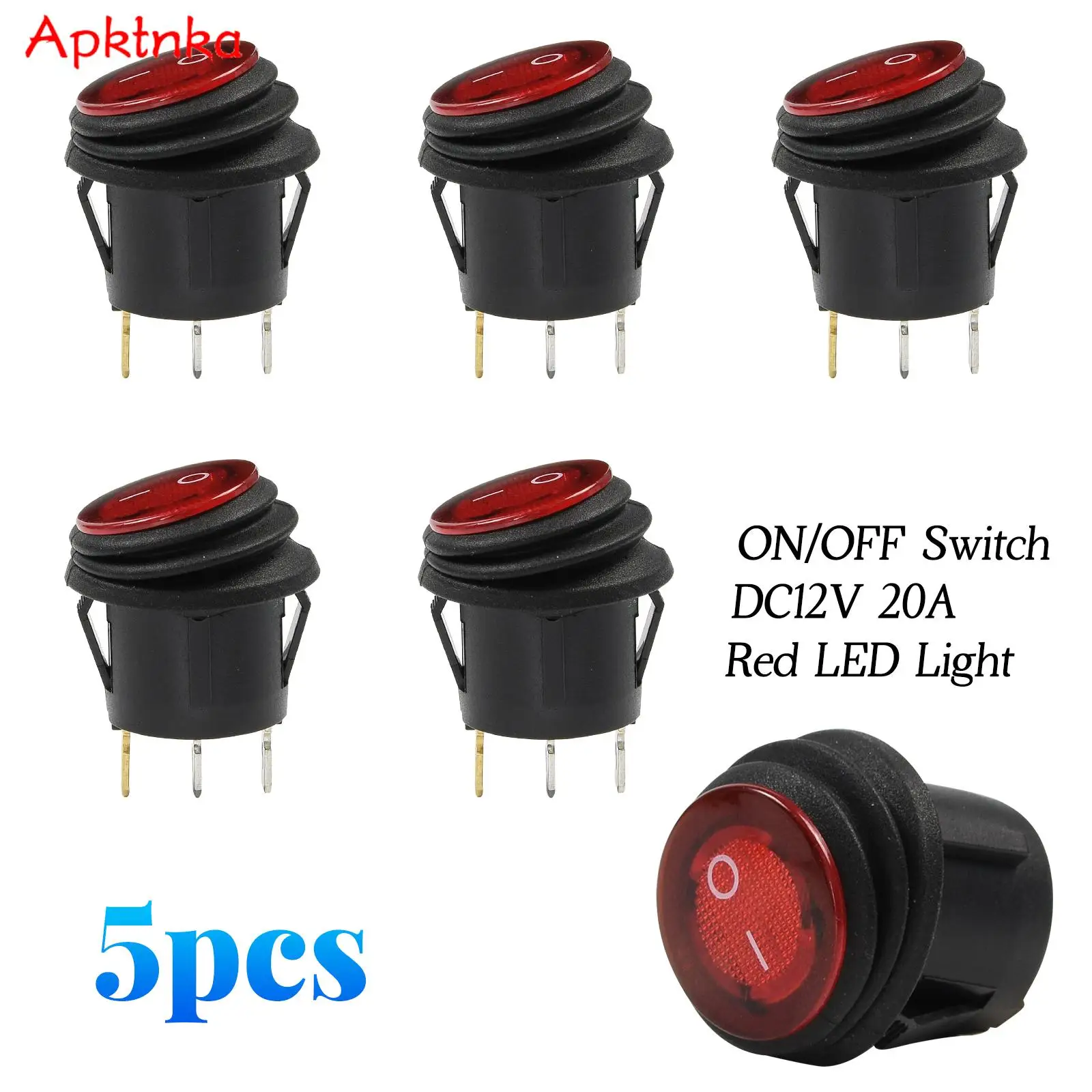 APKTNKA 5pc Car DC 12V Waterproof Round Rocker Dot Boat Dash Toggle Switch Button Red LED Light SPST ON/OFF Luminescence