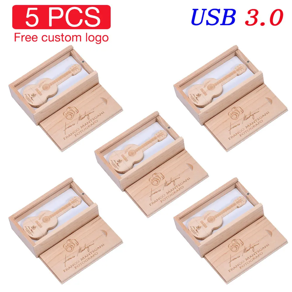 USB3.0 5PCS Lote USB 3.0 Flash Drive 128GB Free Custom Logo Pen Drive Wooden Guitar Memory Stick 5 Pieces Volume Sales Pendrive