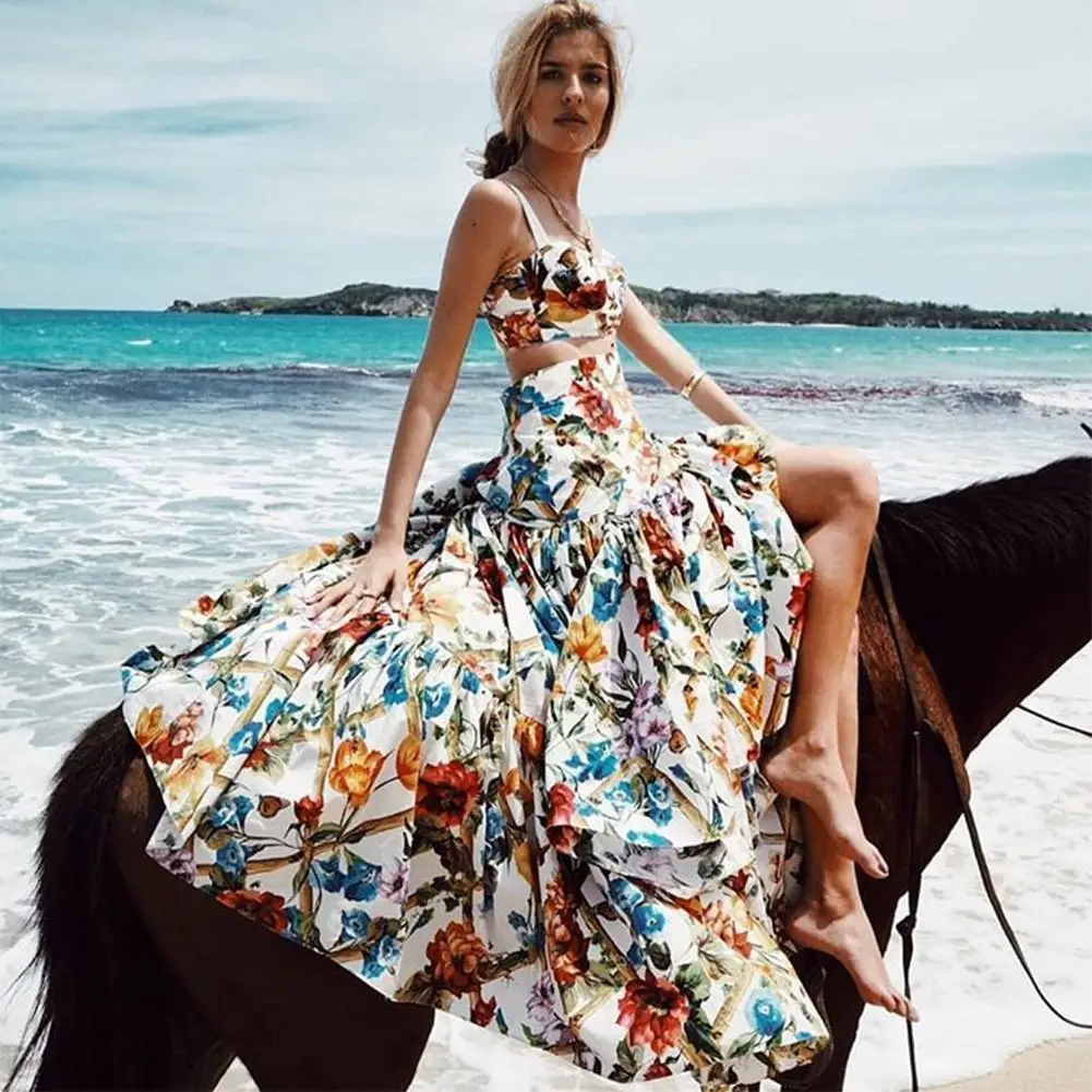 Summer Maxi Dress Women Sexy Two Piece Set Bohemian Print Long Dresses Sleeveless Elegant Women Beach Dress