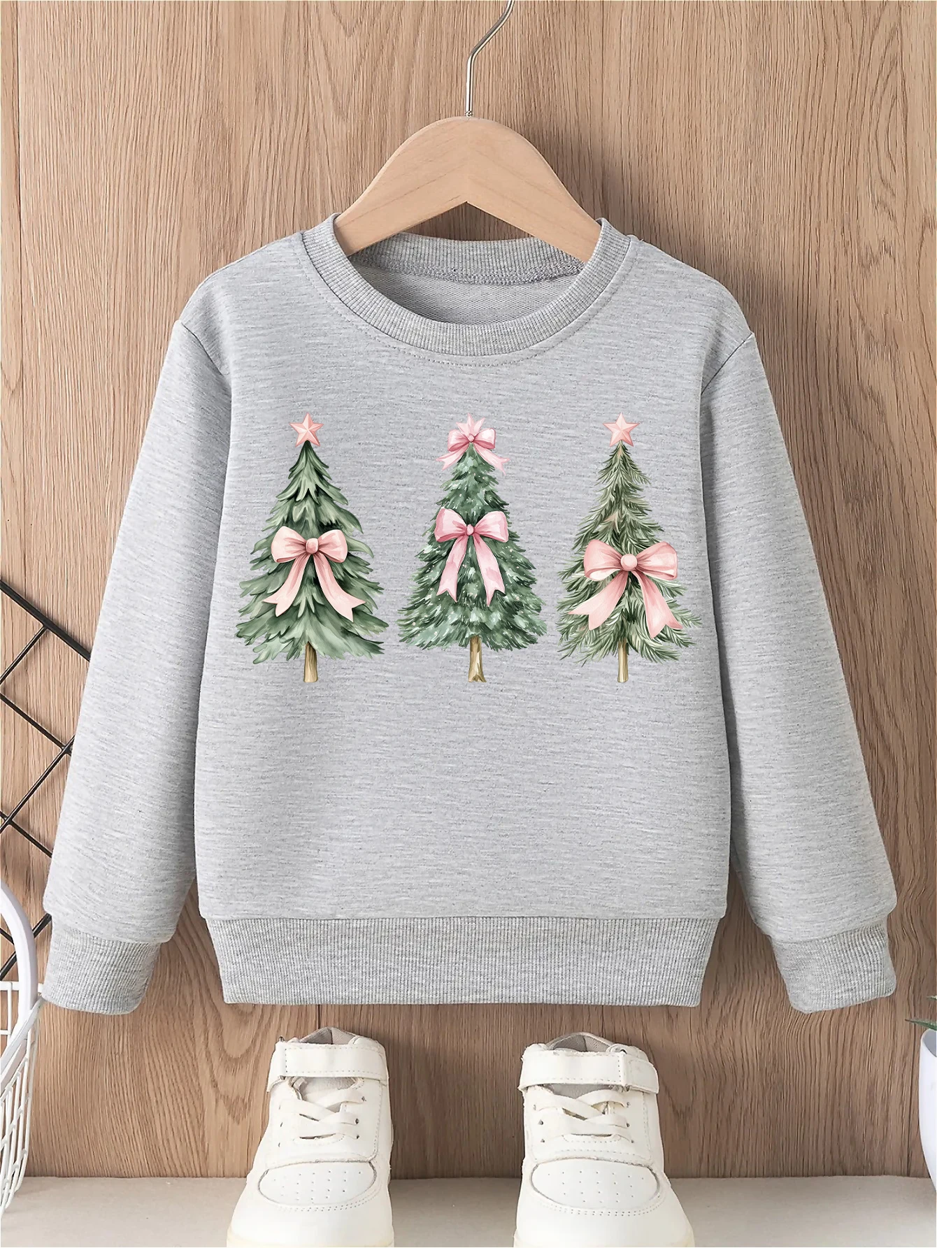 

Рождественская толстовка для девочек без капюшона, толстовка с розовым бантом и принтом «Рождественская елка», повседневные мягкие топы с круглым вырезом