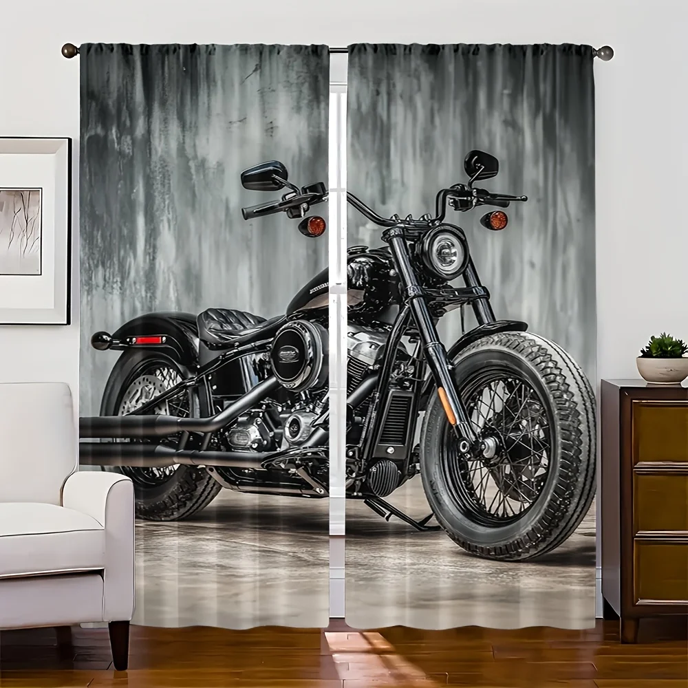 Harley Motorcycle Curtains Industrial Biker Drape with Chrome Detail for Garage Man Cave Bedroom Window Decoration