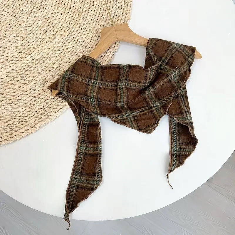 

British pure cotton retro plaid triangular scarf fashionable outfit small shawl headscarf neck protection scarf 35x110cm