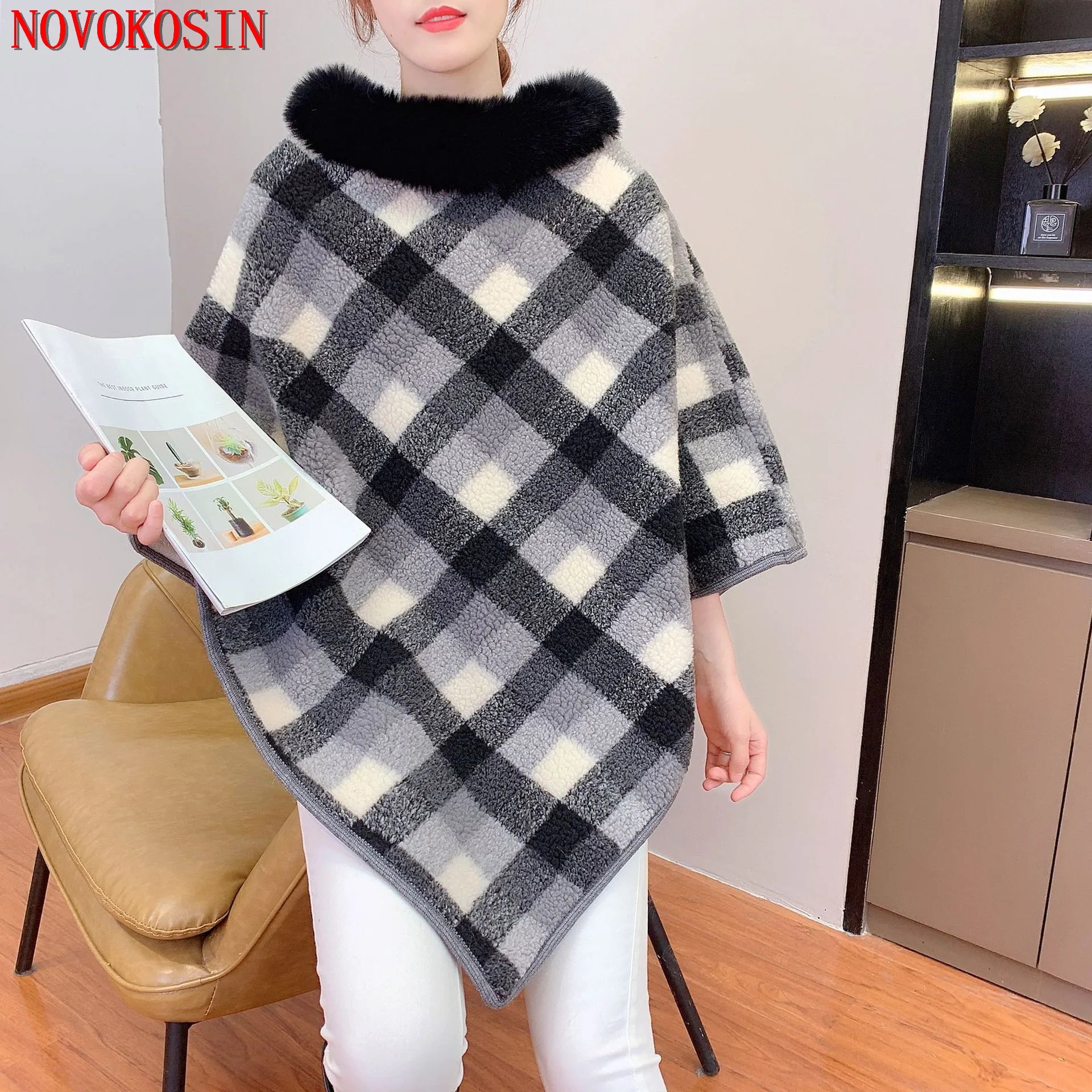 

5 Colors Winter Warm Faux Lamb Wool Soft Poncho Loose Cloak Women Thicken Streetwear Shawl Capes Striped Triangle Pullover Coat