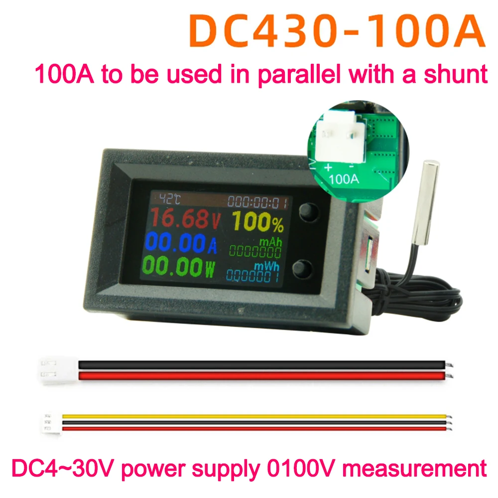 DC4-30V 10A 50A 100A Digital Power Energy Voltmeter Ammeter Voltage Kwh Temperature Meter Electric Energy Frequency Meter 8 in 1