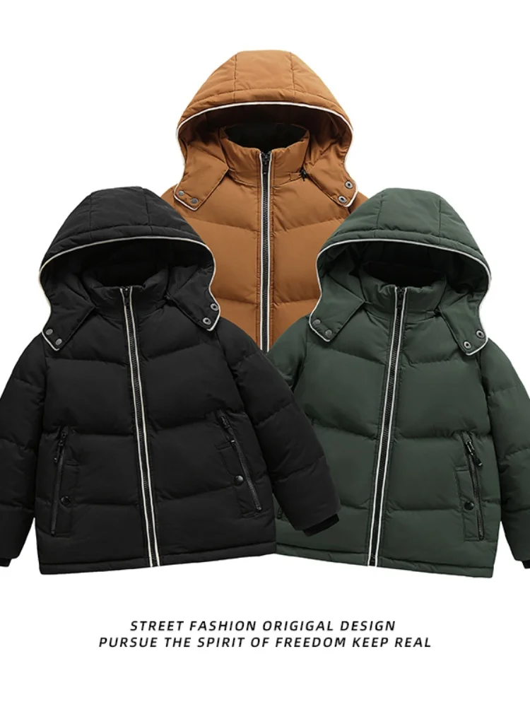 

Зимняя новинка 2025: Модная теплая ветрозащитная куртка с отстегивающимся капюшоном из хлопка, повседневное теплое пальто для маленьких детей, бренд HE