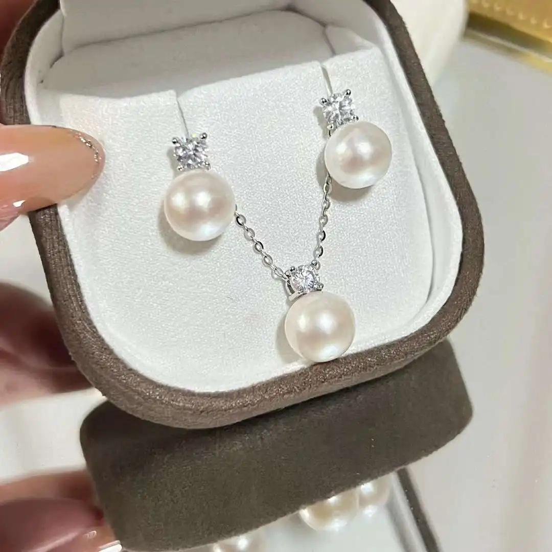 

Super Value S925 Sterling Silver Princess Set 9-10MM Natural Edison Freshwater Pearl Necklace Earrings Set Classic Jewelry