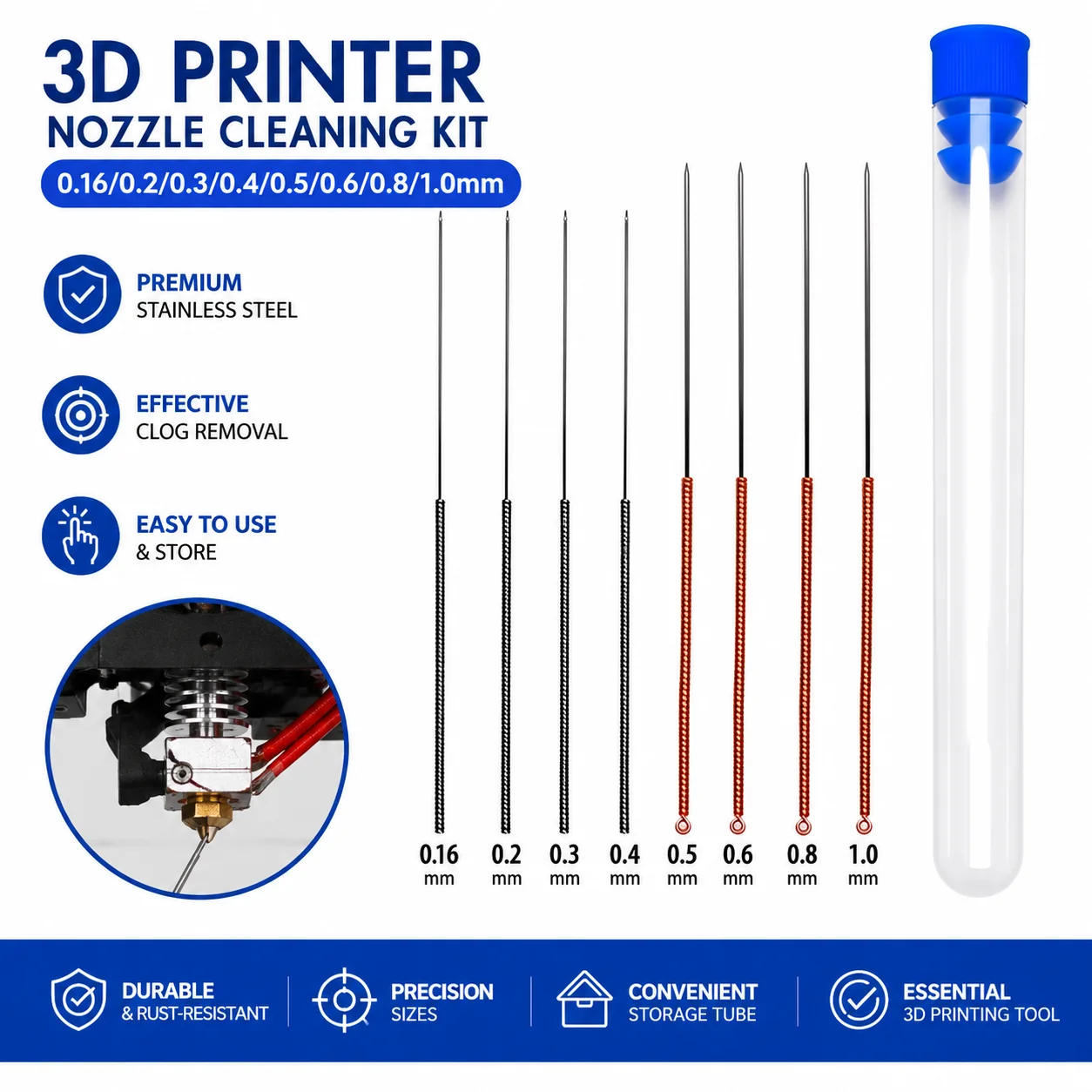3D Printer Nozzle Cleaning Kit with Multiple Sizes (0.16/0.2/0.3/0.4/0.5/0.6/0.8/1.0mm) Stainless Steel Nozzle Cleaning Needles
