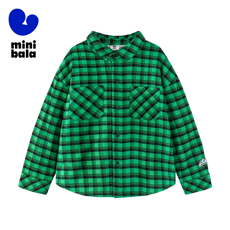 

Mini Balabala Long Sleeve Shirt Boys and Girls 2025 Autumn Winter Flannel Baby Top with Grid Pattern and Fleece Lining