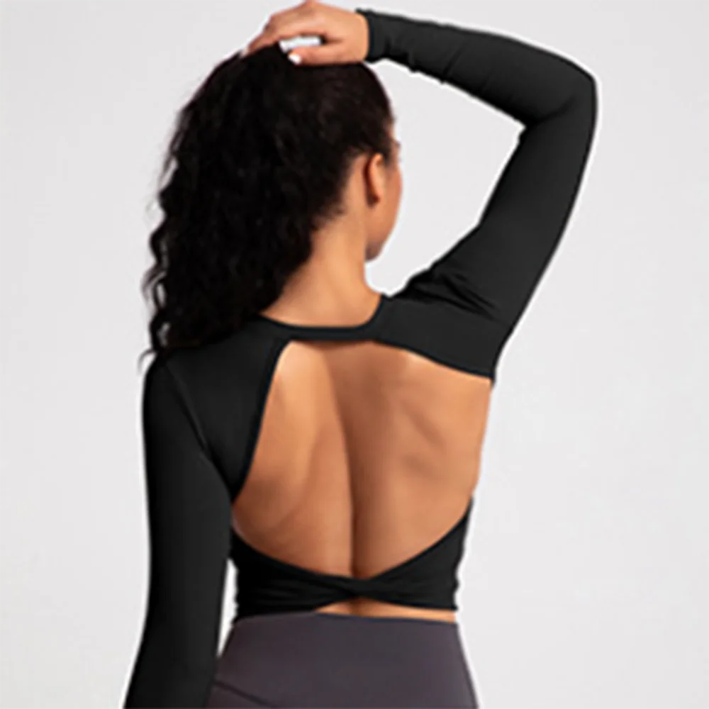 

Женский тренировочный топ с открытой спиной и длинными рукавами, сексуальная рубашка для фитнеса для йоги и бега, осенне-зимняя тренировочная футболка