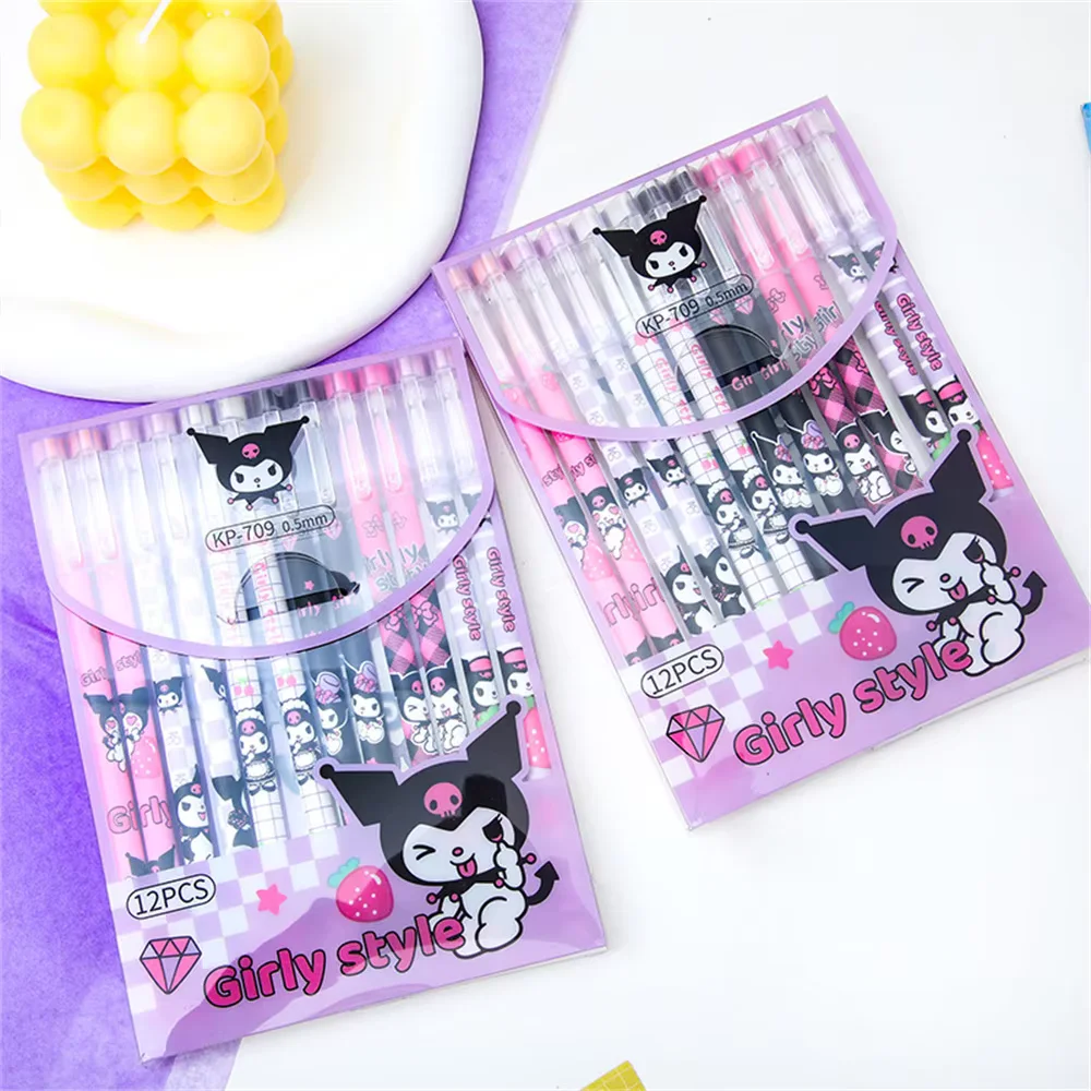 

12 шт./компл. гелевые ручки Kawaii Sanrio Hello Kitty для студенческих канцелярских принадлежностей Melody Kuromi Cinnamoroll, ручка для письма, школьные и офисные принадлежности