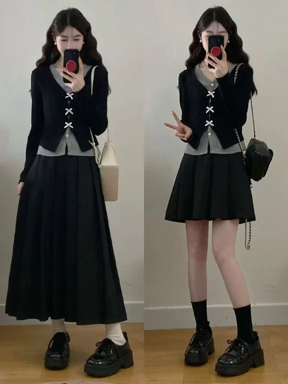 

plus Size Korean Style Two-Piece Set Women's Autumn High Waist Skirt And Top Cover Belly Slimming Pleated Dress