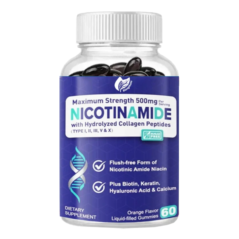 

Ниацинамид Добавка на 500 мг жевательных конфет, содержащая коллагеновых пептидов, витамин B3, 60 капсул