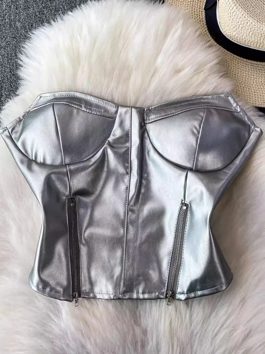 Foamlina Trendy Sweet Cool Hot Girl PU Leather Bandeau Vest European vintage Slim Fit Zipper Tie Up tube Top camisole