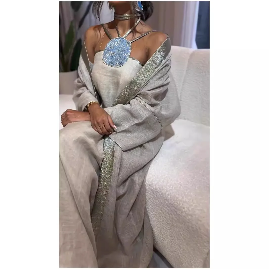 

Women Dress Sets Two Piece Set Strapless Long Dresses Loose Solid Robe Suits Full Sleeve Casual Elegant Halterneck Gown