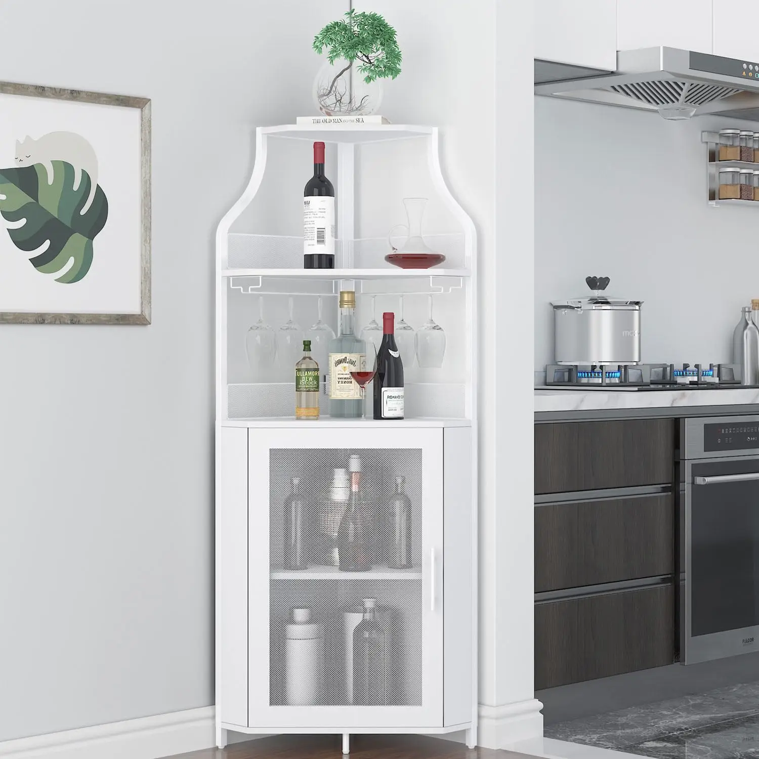 

Corner Wine Bar Cabinet Large Storage Removable Rack Glass Holder Mesh Door 4-Tier White, Customized