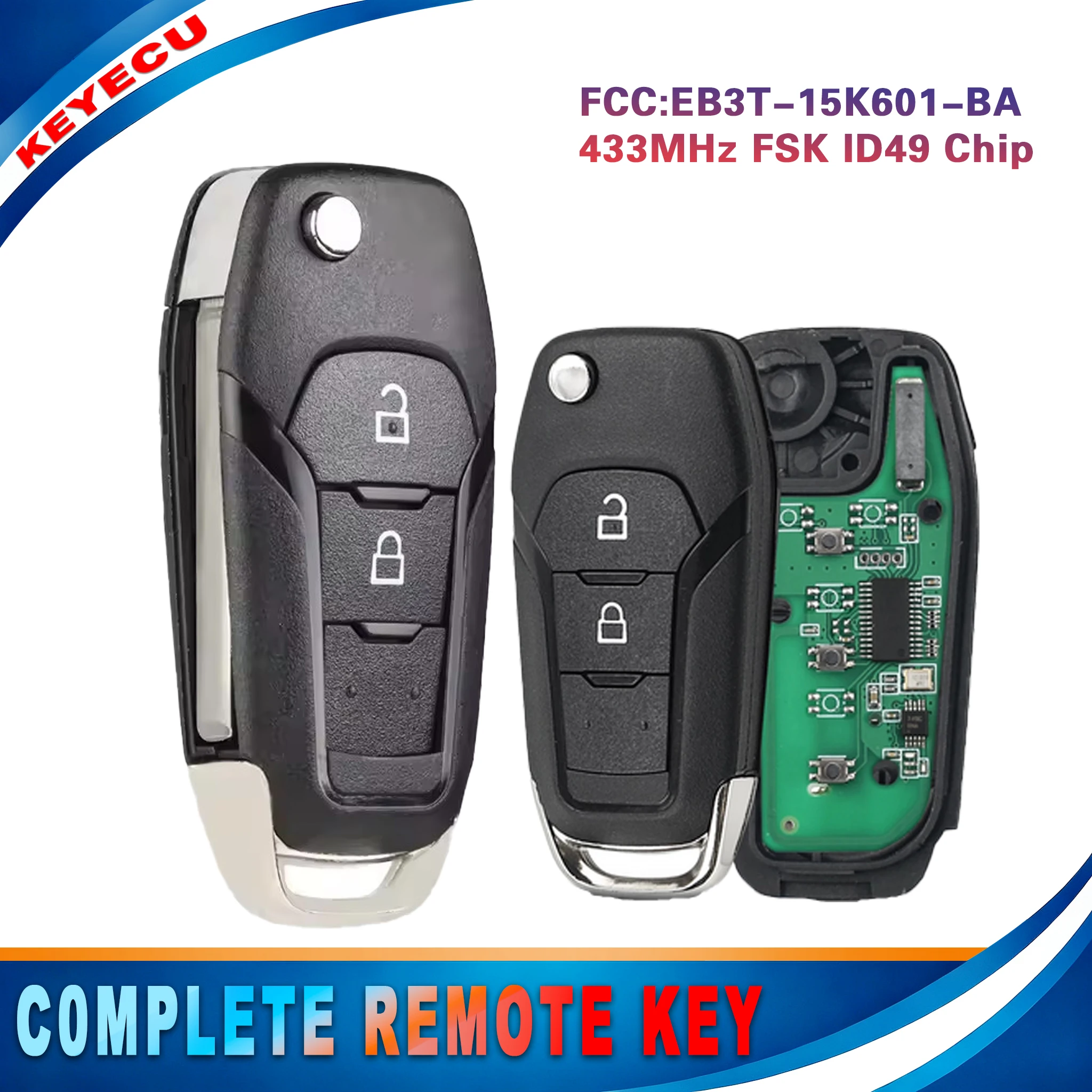 KEYECU for Ford F150 F250 Ranger Mondeo 2015 2016 2017 2018 2019 2020 Flip Remote Key Fob EB3T-15K601-BA 433MHz ID49 Chip