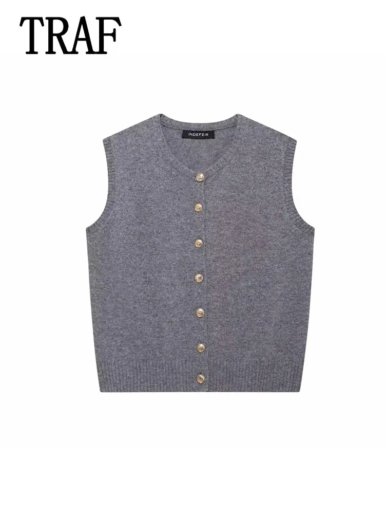 TRAF Women Elegant Solid O-Neck Knitted Sweater Vest 2024 New Autumn Female Sleeveless Single-breasted High Street Tops Mujer