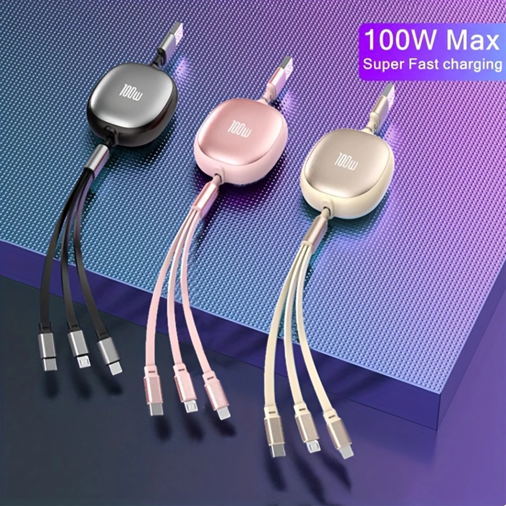 3 in 1 120W USB to Type-C Micro Retractable Fast Charging Cable for iPhone 14 13 12 11 Pro Max 7 8 Samsung S24 Xiaomi Cable