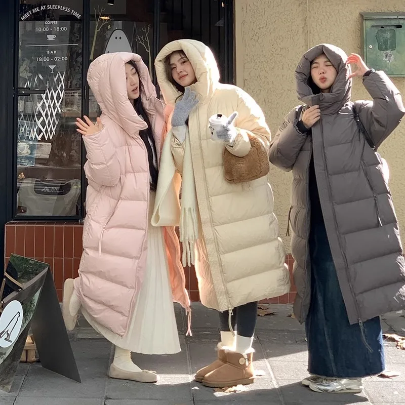 Fluffy Hooded Long Down Jacket, 90 Goose Down Jacket, Warm Coat, Elegant Temperament, Sweet Fashion Parkas, High-end, Winter