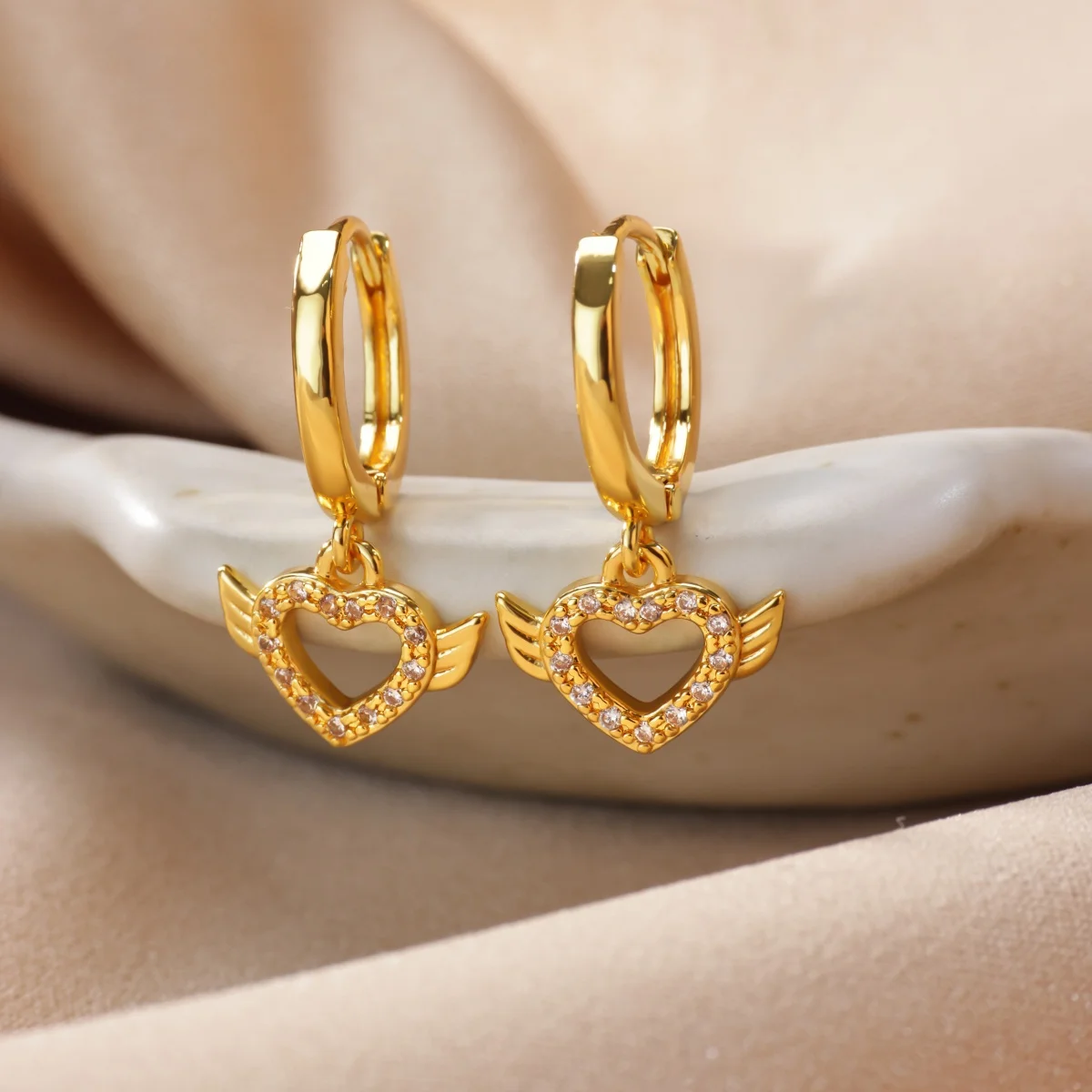 Zircon Love Angel Wings Hoop Earrings For Women Gold Color Stainless Steel Earrings Wedding Elegant Jewlery aretes para mujer