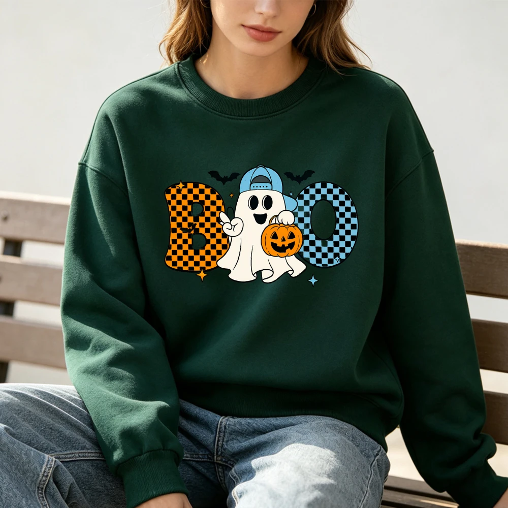 2026 Women Halloween O-neck Sweatshirt Retro Checkered Boo Letter Cool Ghost with Pumpkin Bucket Bat Graphic Casual Pullover