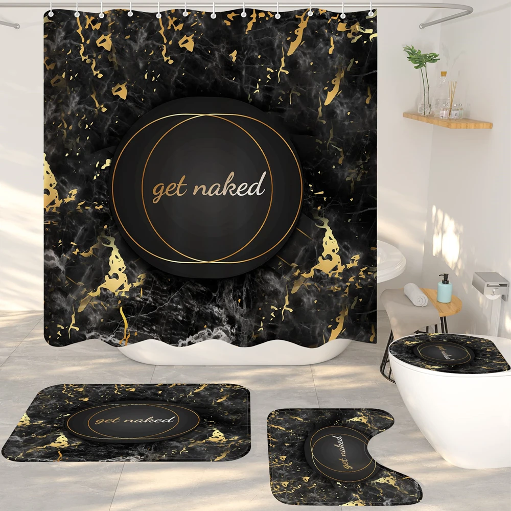 

Get Naked Gold Black Marble Shower Curtain Set 4PCS, Bathroom Sets Rugs Modern Bathroom Decor Set,Bath Mat,Toilet Lid Rug, Hooks