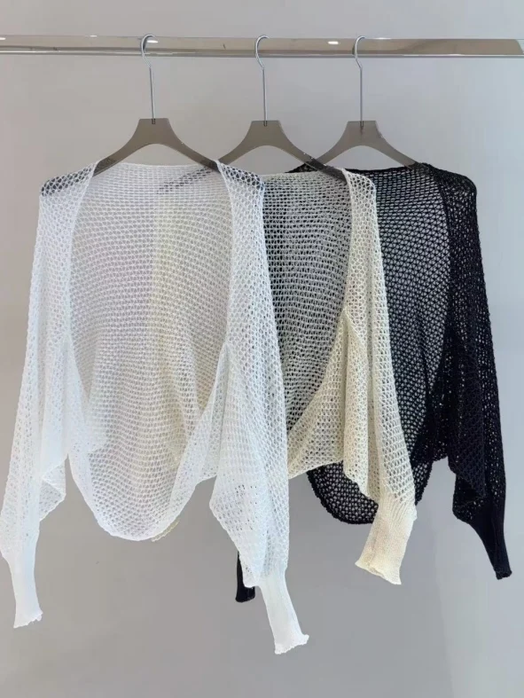 

Женский укороченный вязаный кардиган свободного кроя с вырезами, рукава «летучая мышь», легкий, для кондиционированных помещений, 2026