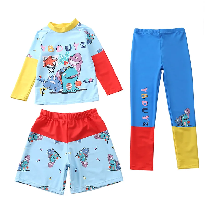 HappyFlute New 3 Pieces Set Cartoon Print  Long Sleeve Sun Protection Boys Vacation Swimsuit