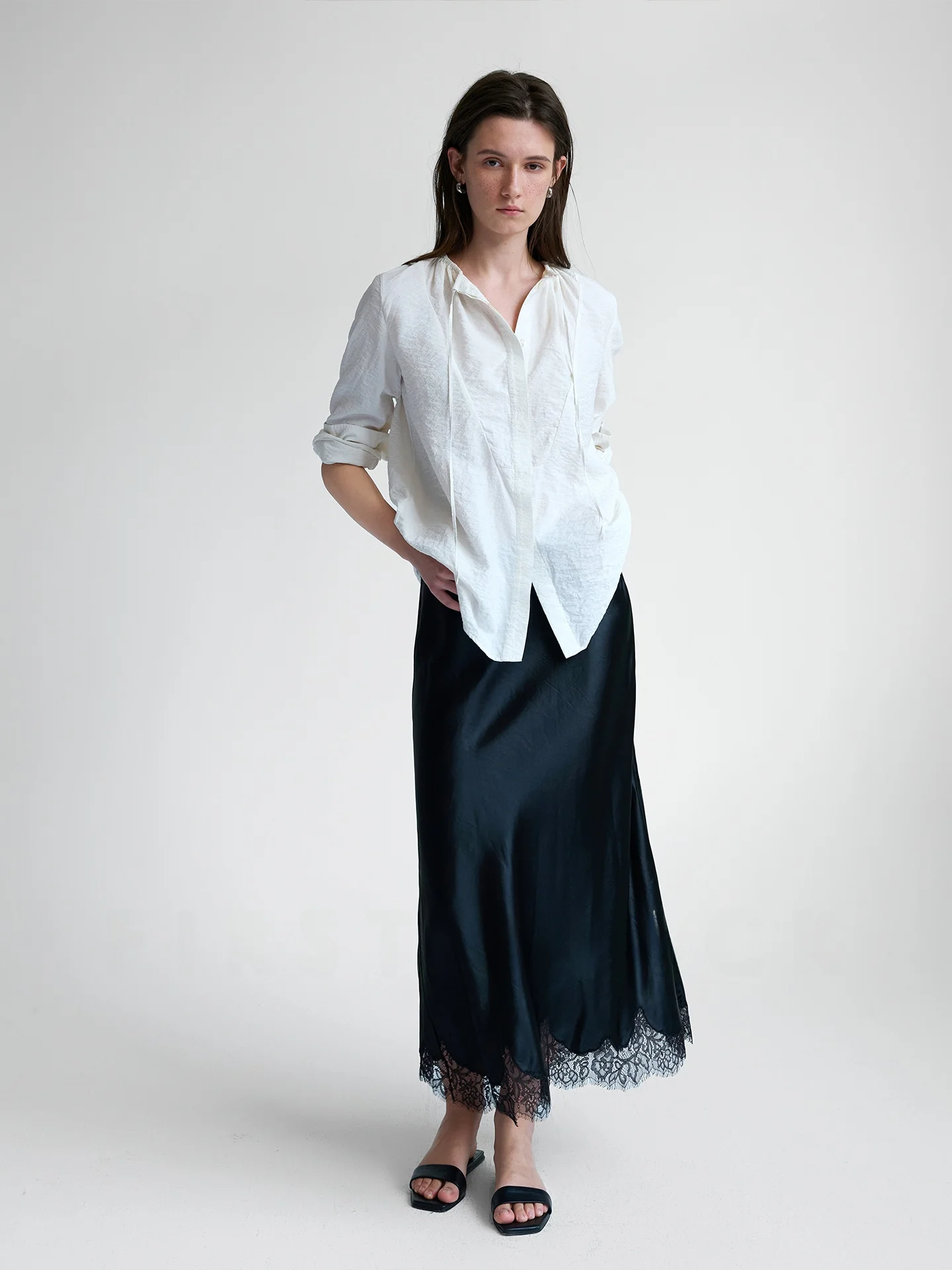 

First Bla Women's Silk irt Dstring Dry Tead Top Spring White Silk Wrinkle Texture Feeling Sle