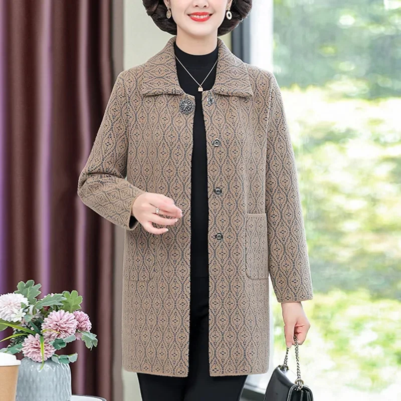 Middle Aged Mother Large Size 6XL Wool Blend Jacket Women Medium Long Styles Woolen Coat Winter Ladies Cardigan Woollen Overcoat