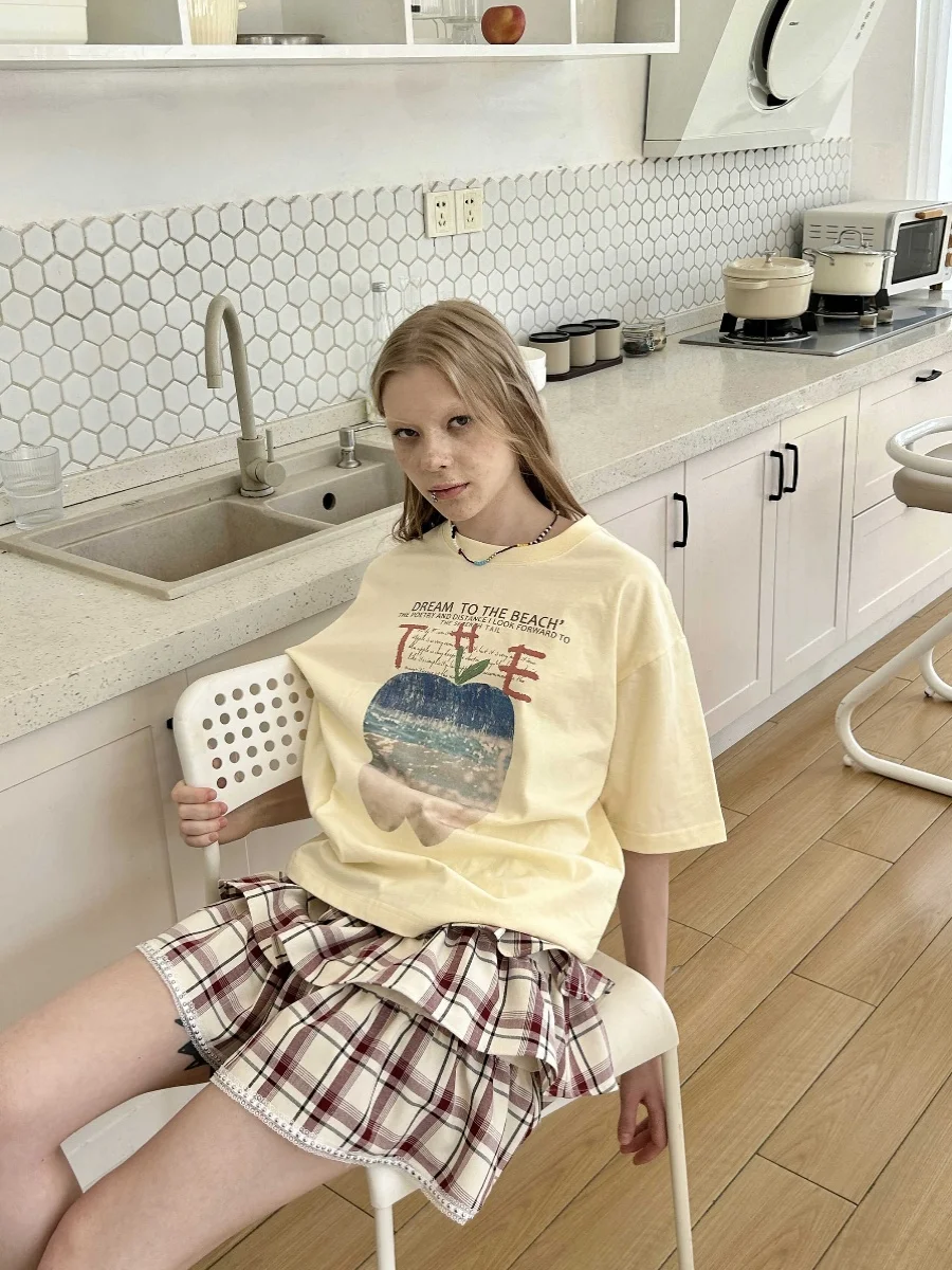 

Футболка свободного кроя с принтом, желтая, из смесового хлопка и полиэстера, с коротким рукавом, круглым вырезом, повседневная, летняя одежда