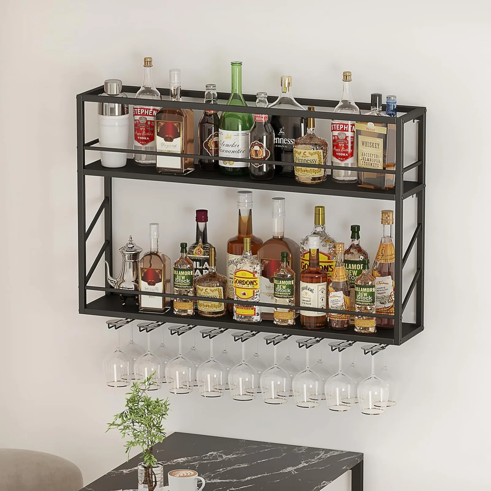 US Wall Mounted Wine Rack 2 Tier, Metal Bar Liquor Shelves and Glass Holder,Wall Bar Shelf Wine Display Storage Holder for Home