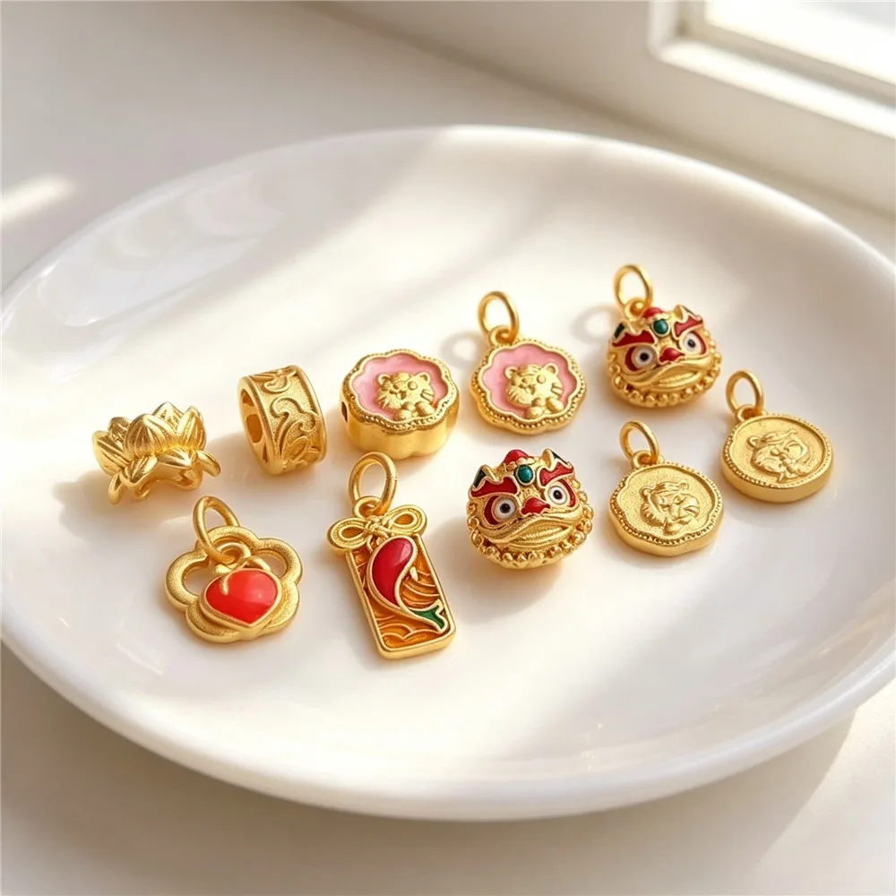 Brass Sand Gold Enamel Animal Pendant Lion Tiger Lotus Flower Charm Zodiac Jewelry Hardware K303