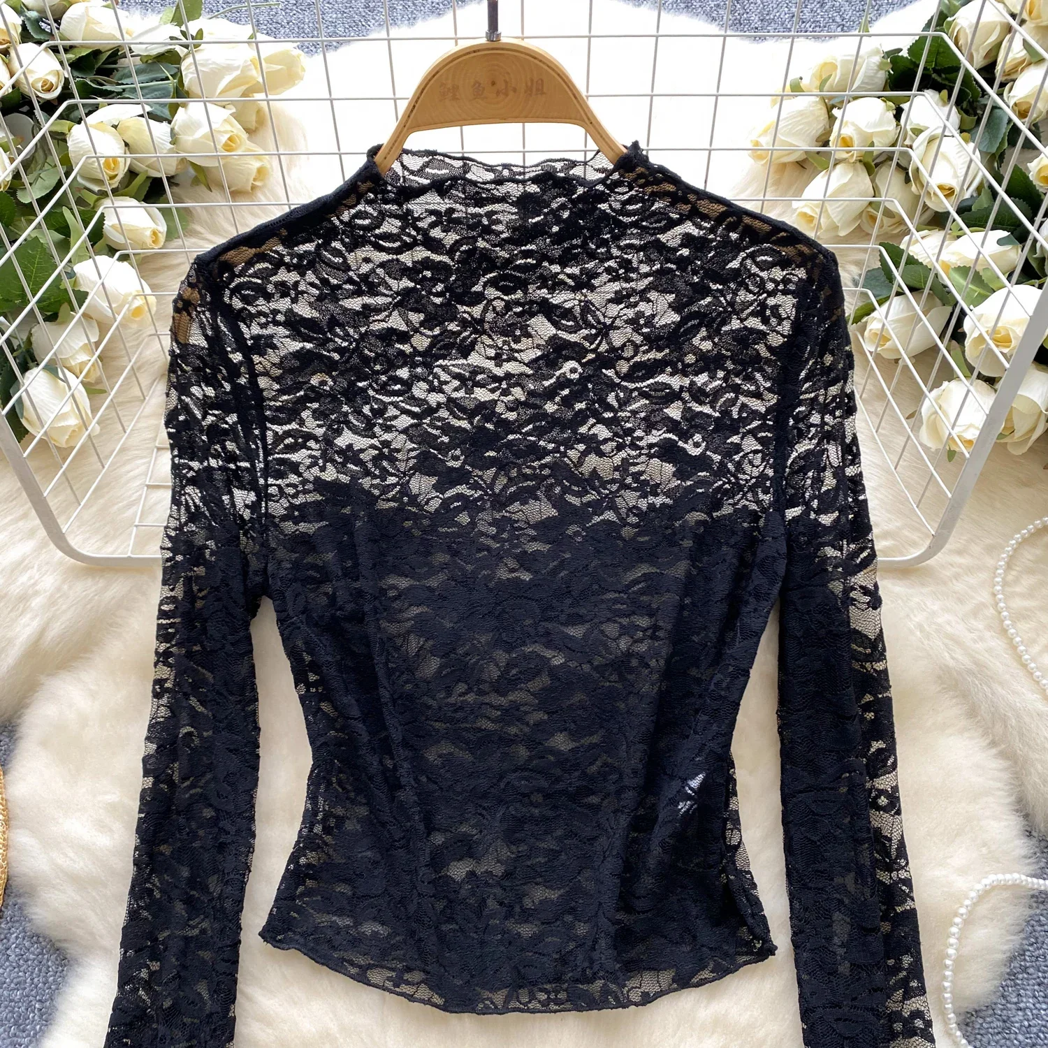 Chic O-neck Long Sleeve Sexy Hollow Out Women Vintage Lace Spliced Mesh Slim Top Korean Streetwear High Street Autumn Clothing