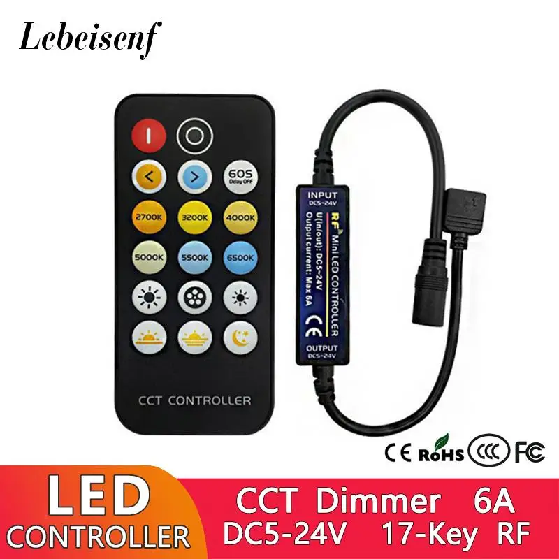 Mini LED CCT Dimmer DC 5V 12V 24V 6A RF Wireless Remote Control Dimming Controller for Constant Voltage Dual Color Lights Strips