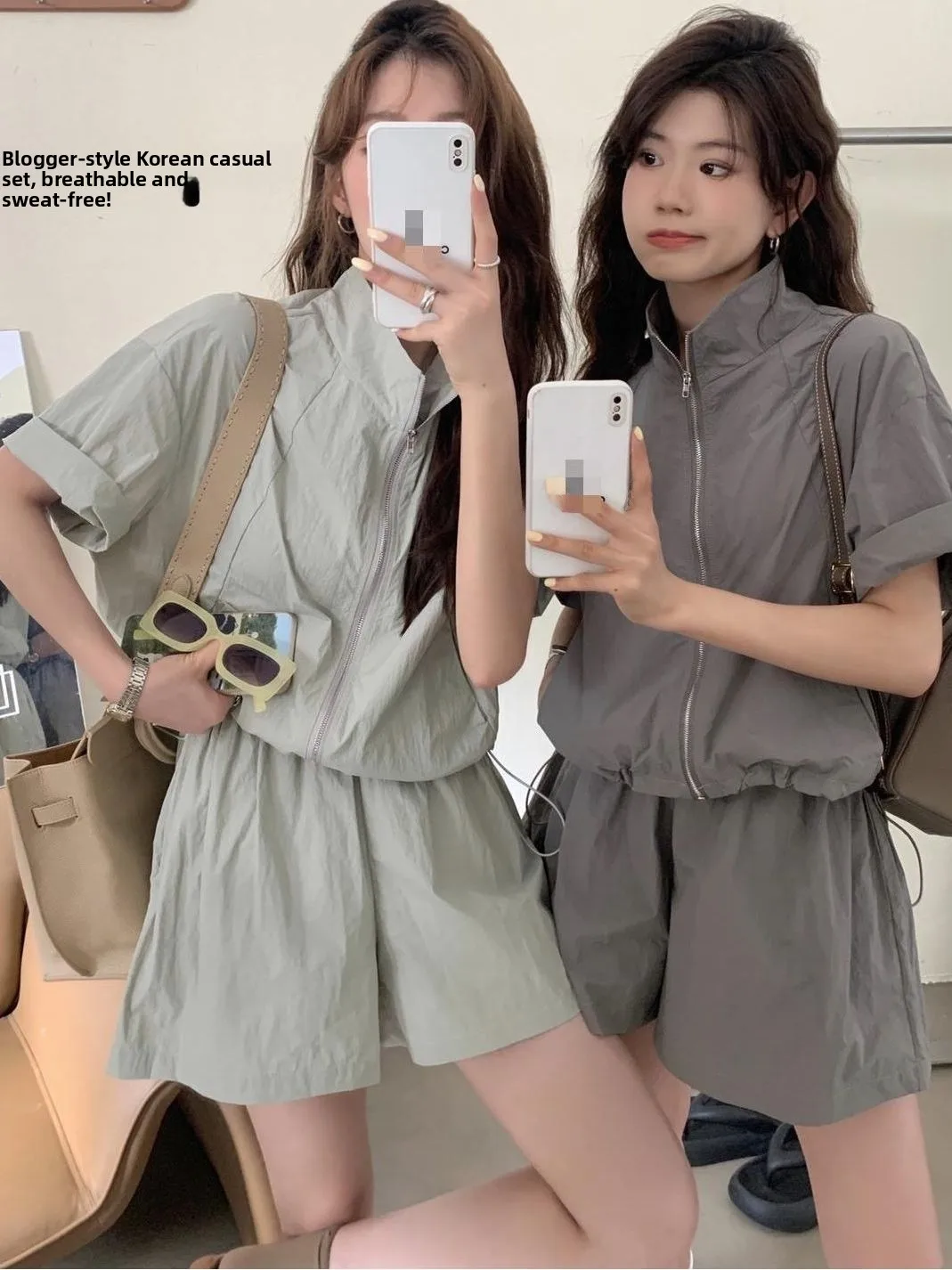 Summer 2026 Fashion Casual Women's Sun Protection Set Stand Collar Breathable Short Sleeve Shorts Anti Aging Two Piece Set Tr...