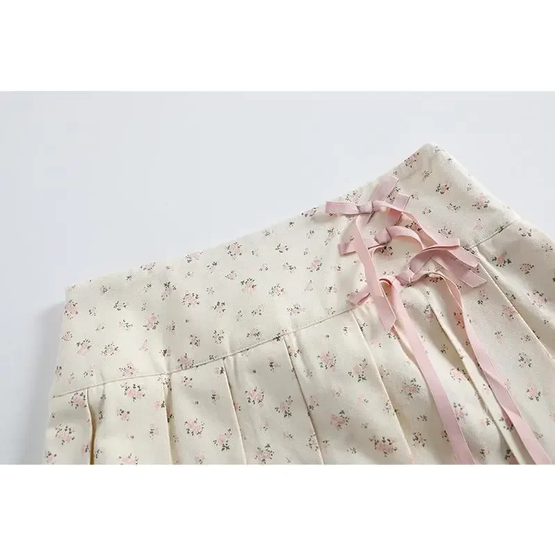 일본 스위트 Y2K 미니스커트 여성 프레피 슬림 웨이스트 타이업 보우 레이스 러플 플리츠 스커트 여성용 팔다스 모다 2024