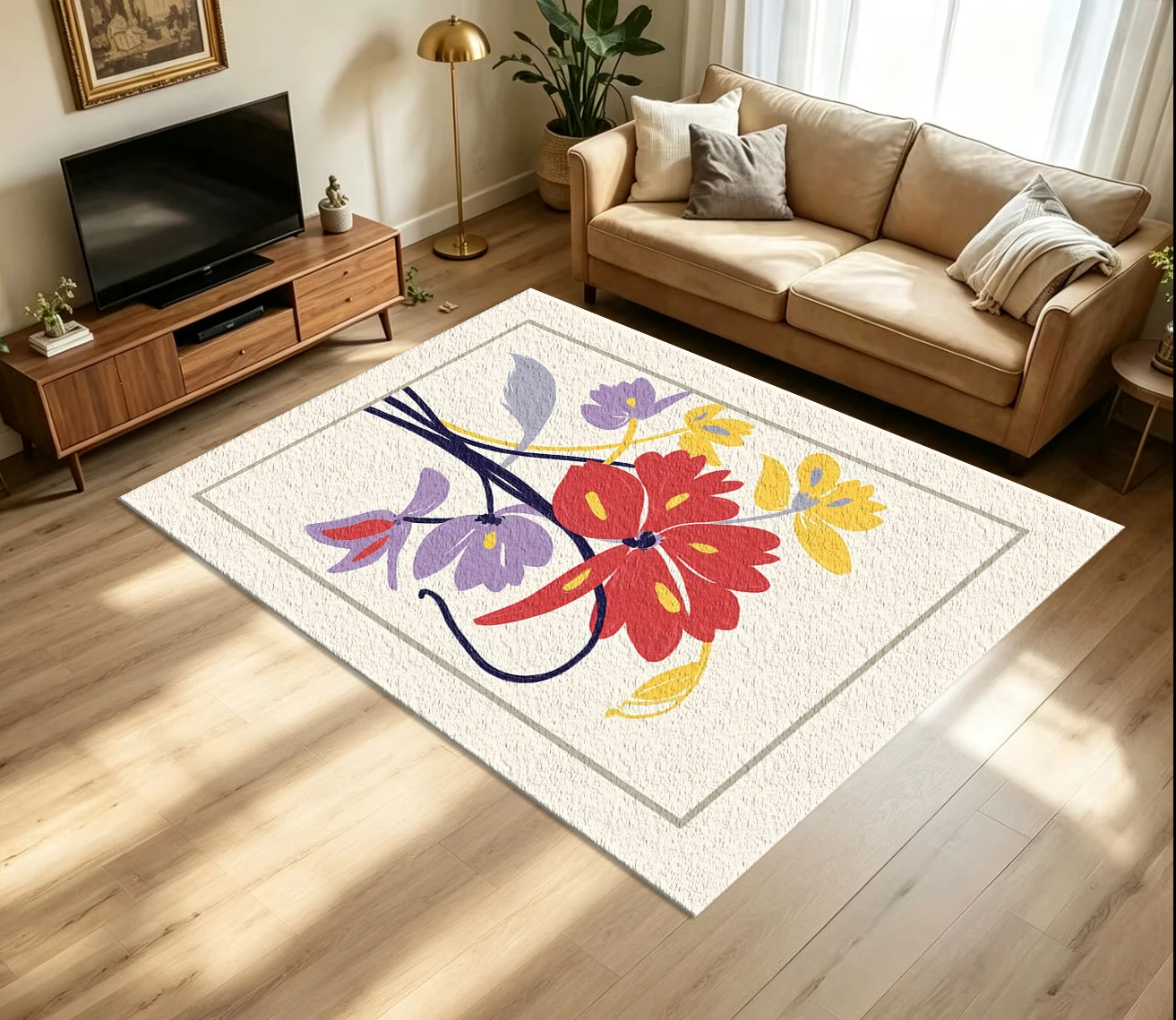 Printed Rug Abstract - Abstract Retro Floral Frame Carpet Flooring