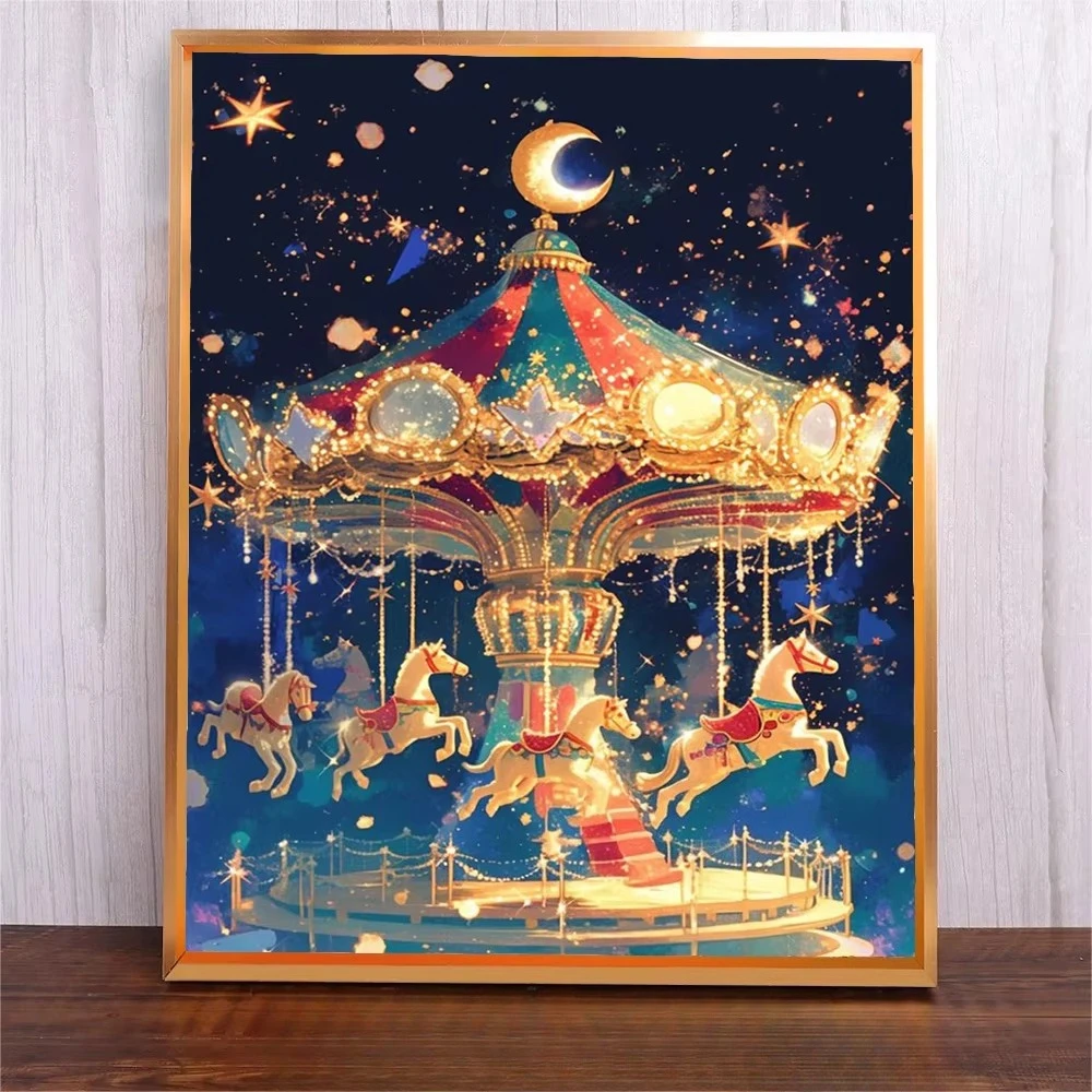 5D DIY Diamant-Malerei-Set Cartoon-Karussell Kreuzstich-Kunst Voll-Strass Wanddekoration Bastelset Geschenk für Zuhause Rahmenlos